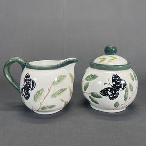 Vintage Sakura Sugar Bowl with Lid and Creamer Butterflies Pattern